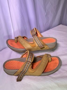 BareTraps Tan Slide Sandals with Orange Footbed and Braided Straps
